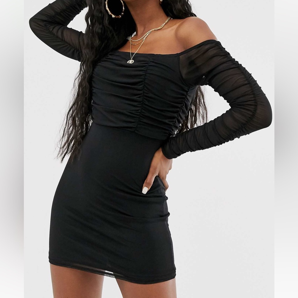 Public Desire Bardot Mini Dress Ruching ASOS Black Long Sleeve Off-Shoulder